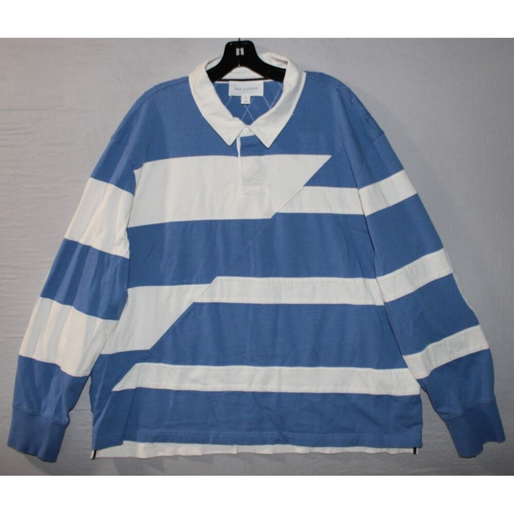Sun + Stone Mens Rugby Shirt XL White Blue Color Block Long Sleeve Striped